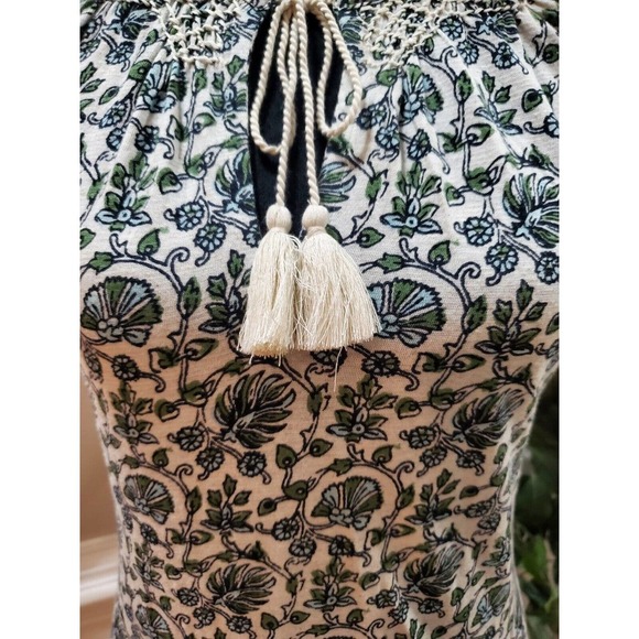 Lucky Brand White Floral Tassel Ties Round Neck Short Sleeve Top Blouse S/P - Picture 9 of 13